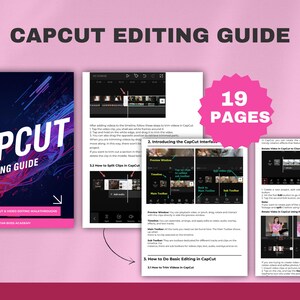 Puede incluir: Un fondo rosa con una Gu&iacute;a de edici&oacute;n de CapCut. La gu&iacute;a es un folleto con el t&iacute;tulo "CAPCUT EDITING GUIDE" y el texto "19 PAGES" en una estrella rosa. La gu&iacute;a incluye capturas de pantalla de la aplicaci&oacute;n CapCut.