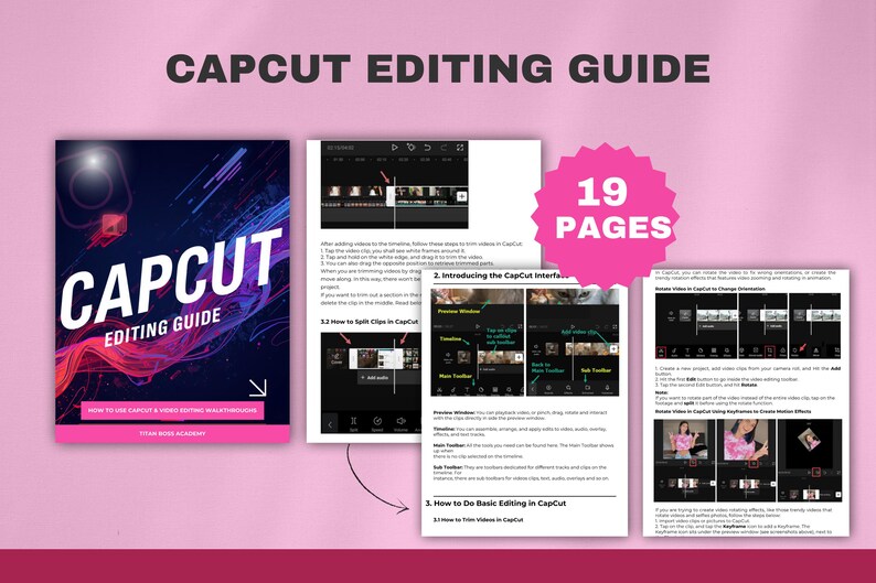 Puede incluir: Un fondo rosa con una Gu&iacute;a de edici&oacute;n de CapCut. La gu&iacute;a es un folleto con el t&iacute;tulo "CAPCUT EDITING GUIDE" y el texto "19 PAGES" en una estrella rosa. La gu&iacute;a incluye capturas de pantalla de la aplicaci&oacute;n CapCut.