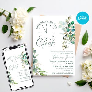 May include: A white retirement invitation with the text "Officially Off The Clock" and floral accents. The invitation includes details for Thomas Jones' retirement celebration, including the date, time, and location. A smartphone displays the same design.