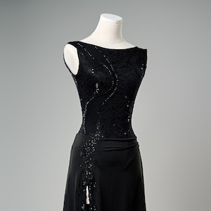 Tango Dress Showcase Milonga Sequin Stage Ballroom Latin Dance Costume Black Rhinestone lace Back Panel Front Slit Victoria Tango With Love