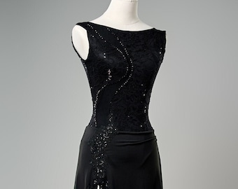 Sequin Lace Tango Dress: Black Ballroom Dance Costume with Slit
