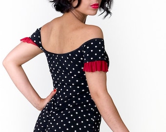 Polka Dot Tango Dress Milonga Off Shoulder Pin Up Dress Low Back Ruched Split Tail Oh La La Esmeralda Tango With Love