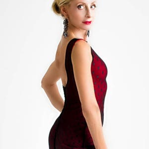 Tango Dress Polk a Dot Mesh Lace Tango Dress, Ruched Low Back, Straight Sabrina Neck, Split Tail for Milonga Special Event