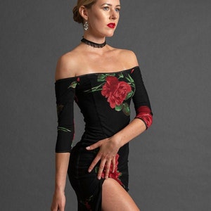 Argentine Tango Performance Dress,  Stage Ballroom Latin Dress.  Side Slit Off Shoulder Dress. Romantica Tango With Love Pin Up Dress