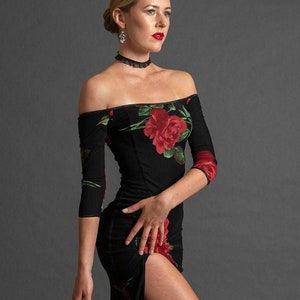 Tango Dress Argentine Showcase Ballroom Latin Performance Milonga Costume Dance Floral Side Slit Off Shoulder Romantica Tango With Love