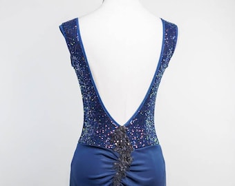 Tango Dress Showcase Ballroom Latin Argentine Tango Navy Sequin Performance Dance Red Sequin Side Slit Low Back Tail Panel Tango With Love