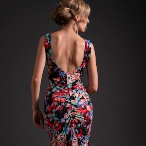 Tango Dress, Social Tango Low Back Dress, Open Back Paneled Dress, Milonga Social Dancewear, Floral Teal Deja Vu Print by Tango With Love