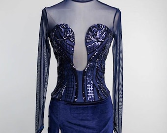 Tango Dress Showcase Ballroom Latin Argentine Tango Fantasia Performance Asymmetrical Velvet Navy Velvet Side Slit Sequin Tango With Love
