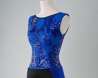 Sequin Tango Dress, Blue Showcase Performance Competition Latin Ballroom, Back Side Slit, Flowy Overskirt Sheer by Tango With Love