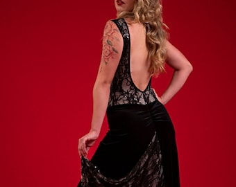 Lace Tango Dress: Low Back, Side Slit, Attached Brief