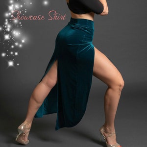 Performance Tango Showcase velvet SKIRT, Back Slit Dove Tail Skirt, Latin Ballroom Dance, Teal Blue Tango With Love