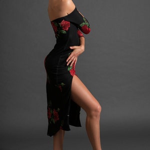 Argentine Tango Performance Dress, Stage Ballroom Latin Dress. Side Slit Off Shoulder Dress. Romantica Tango With Love Pin Up Dress image 4