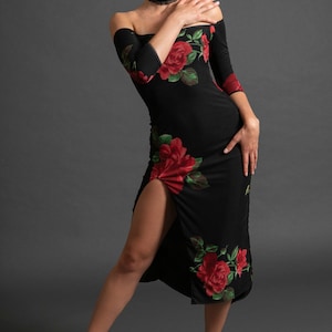 Argentine Tango Performance Dress, Stage Ballroom Latin Dress. Side Slit Off Shoulder Dress. Romantica Tango With Love Pin Up Dress Romantica