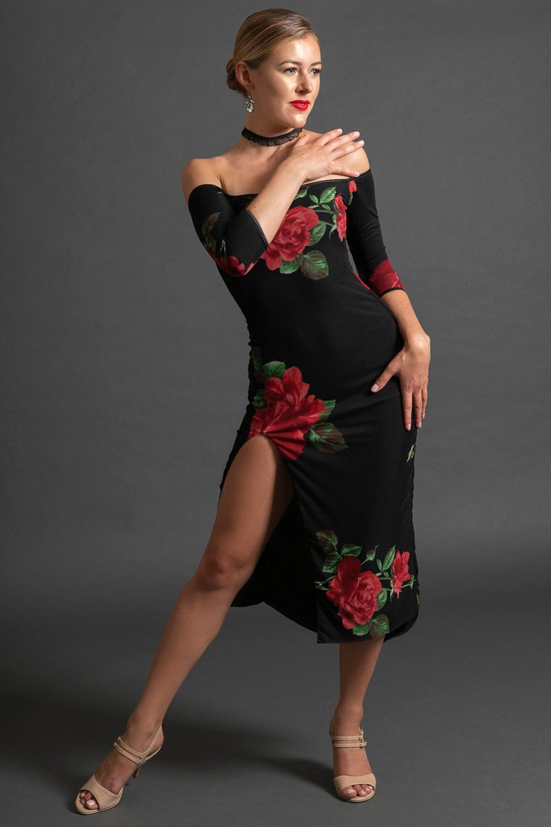 Argentine Tango Performance Dress, Stage Ballroom Latin Dress. Side Slit Off Shoulder Dress. Romantica Tango With Love Pin Up Dress Romantica