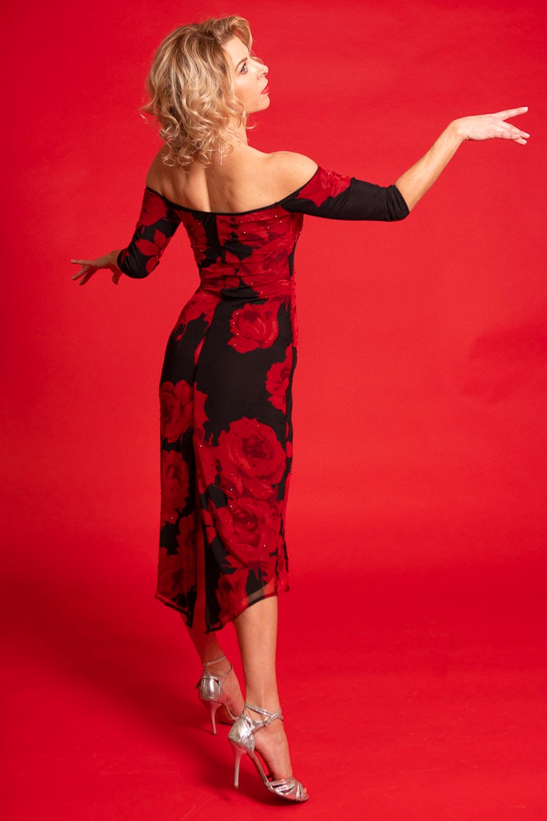 Argentine Tango Performance Dress, Stage Ballroom Latin Dress. Side Slit Off Shoulder Dress. Romantica Tango With Love Pin Up Dress Novella