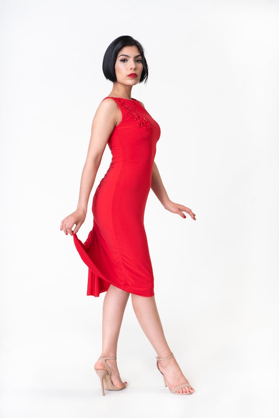 Abito da tango rosso fuoco, abito da spettacolo per tango, schiena
