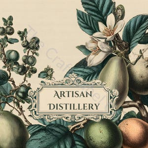 Op de afbeelding: Vintage botanische illustratie met groene en oranje vruchten, witte bloemen en blauwgroene bladeren. De afbeelding bevat de tekst "ARTISAN DISTILLERY" in een decoratieve lijst, tegen een crèmekleurige achtergrond. De stijl doet denken aan antieke botanische prenten.