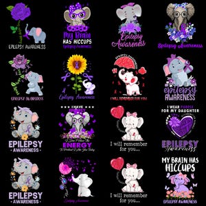 Puede incluir: Una colección de diseños gráficos sobre un fondo negro, con elefantes de dibujos animados con detalles morados. Los diseños incluyen texto relacionado con la concienciación sobre la epilepsia, como "Epilepsy Awareness" y "I wear purple for my daughter."