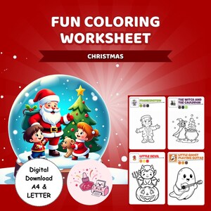 Könnte beinhalten: Ein digitaler Download-Weihnachts-Malbogen. Das Bild zeigt den Weihnachtsmann mit Kindern in einer Schneekugel und Malvorlagen mit Frankenstein, einer Hexe, einem Teufel und einem Geist.