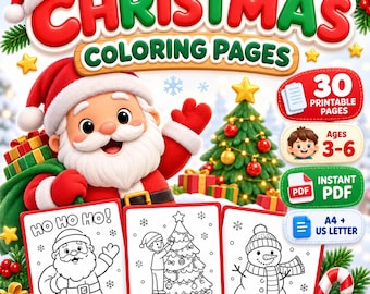 May include: A digital collection of 30 printable Christmas coloring pages featuring a cartoon Santa Claus, a decorated tree, and three sample sheets showing a Santa, a child decorating a tree, and a snowman. Includes PDF, A4, and US Letter sizes.