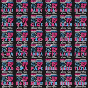 May include: Black background with a repeating pattern of text and graphics. Each graphic includes a car, a pink bow, and text such as "Granny Loves You" and "Mommy Loves You". The text is in pink and blue.