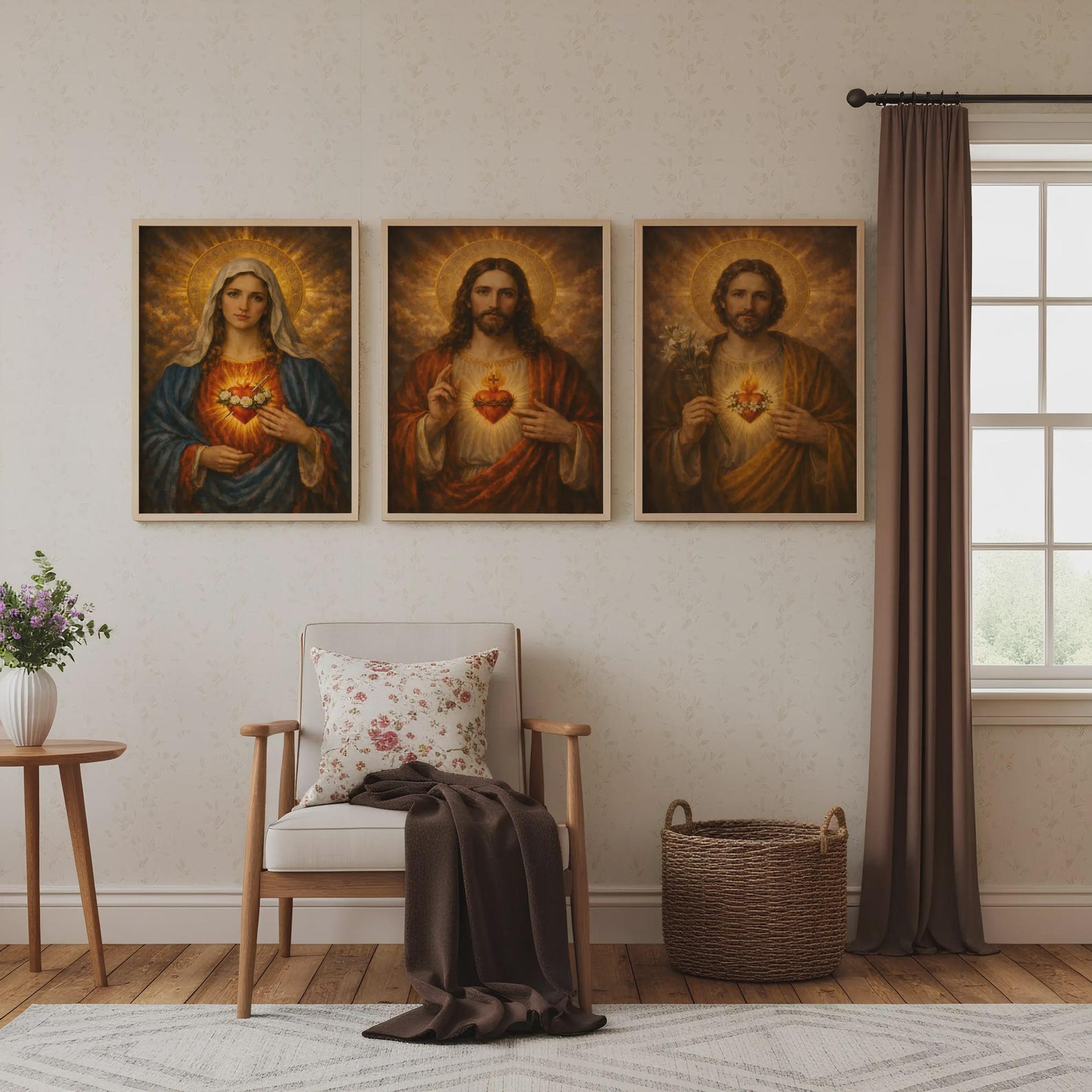 Sacred Hearts Holy Family Wall Art Set of 3 – Jesus Mary Joseph ...