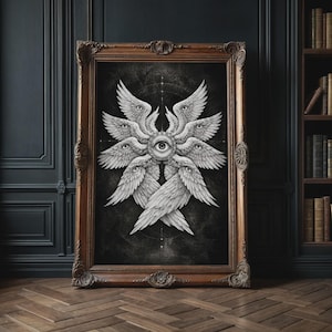 May include: A framed artwork featuring a detailed illustration of a multi-winged, eye-filled celestial being. The artwork is rendered in grayscale, set against a dark background, and encased in an ornate, brown wooden frame. The piece is displayed on a wooden floor.