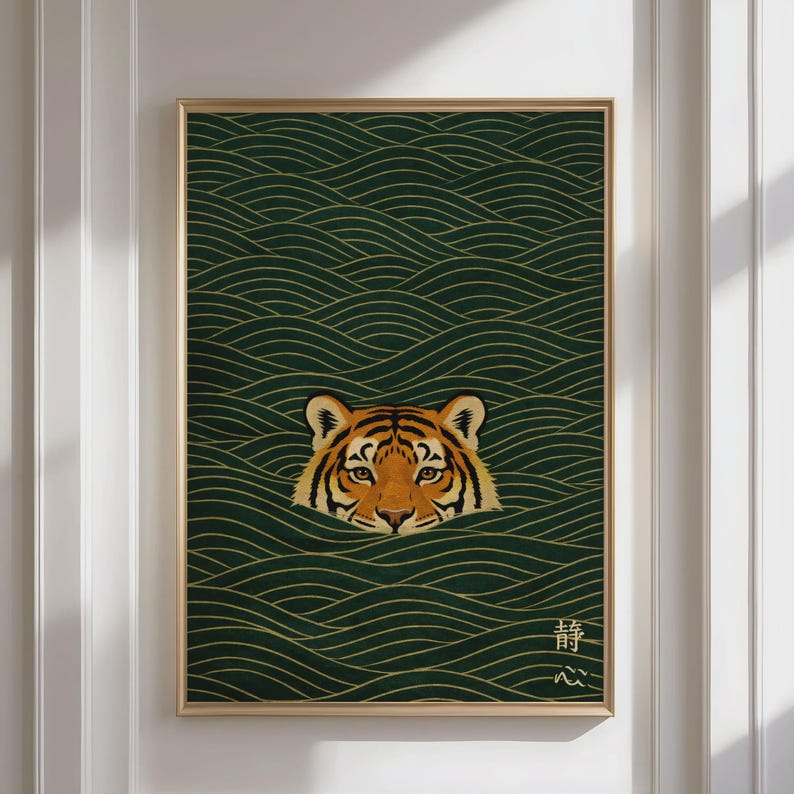 Arte de parede com tigre japonês nadando - Impressão Ukiyo-e vintage de animais, arte minimalista japonesa, decoração de parede com tigre asiático - Download digital imagem 4