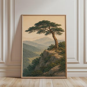 Könnte beinhalten: Gerahmter Kunstdruck mit einer detaillierten Illustration eines Baumes auf einer Klippe mit Blick auf ein Tal und Berge. Das Kunstwerk hat eine Vintage-Ästhetik mit einer Farbpalette aus Grün-, Braun- und Beigetönen. Das Laub des Baumes ist üppig, und der Himmel hat einen weichen, warmen Ton.
