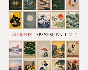 Pacote de Arte de Parede Japonesa – Coleção de 60 Pôsteres Imprimíveis, Gravuras Orientais Asiáticas para Decoração Wabi Sabi e Japandi – Download Digital