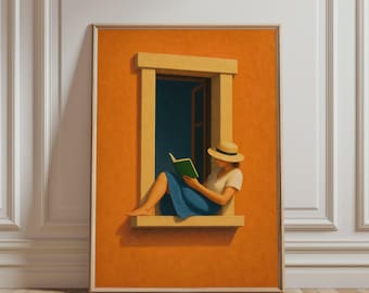 May include: Framed art print of a person reading a book in a window. The artwork features a person wearing a hat, white shirt, and blue skirt, sitting in a window frame against an orange wall. The book is green, and the window reveals a dark blue background.