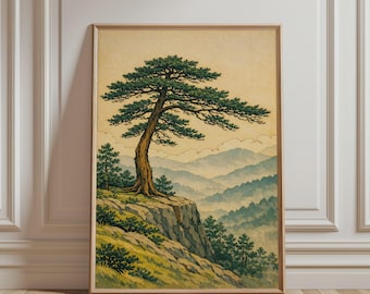 Arte de parede japonesa - Paisagem montanhosa vintage, pôster retrô de floresta para imprimir, estampa de pinheiros, arte asiática - Download digital