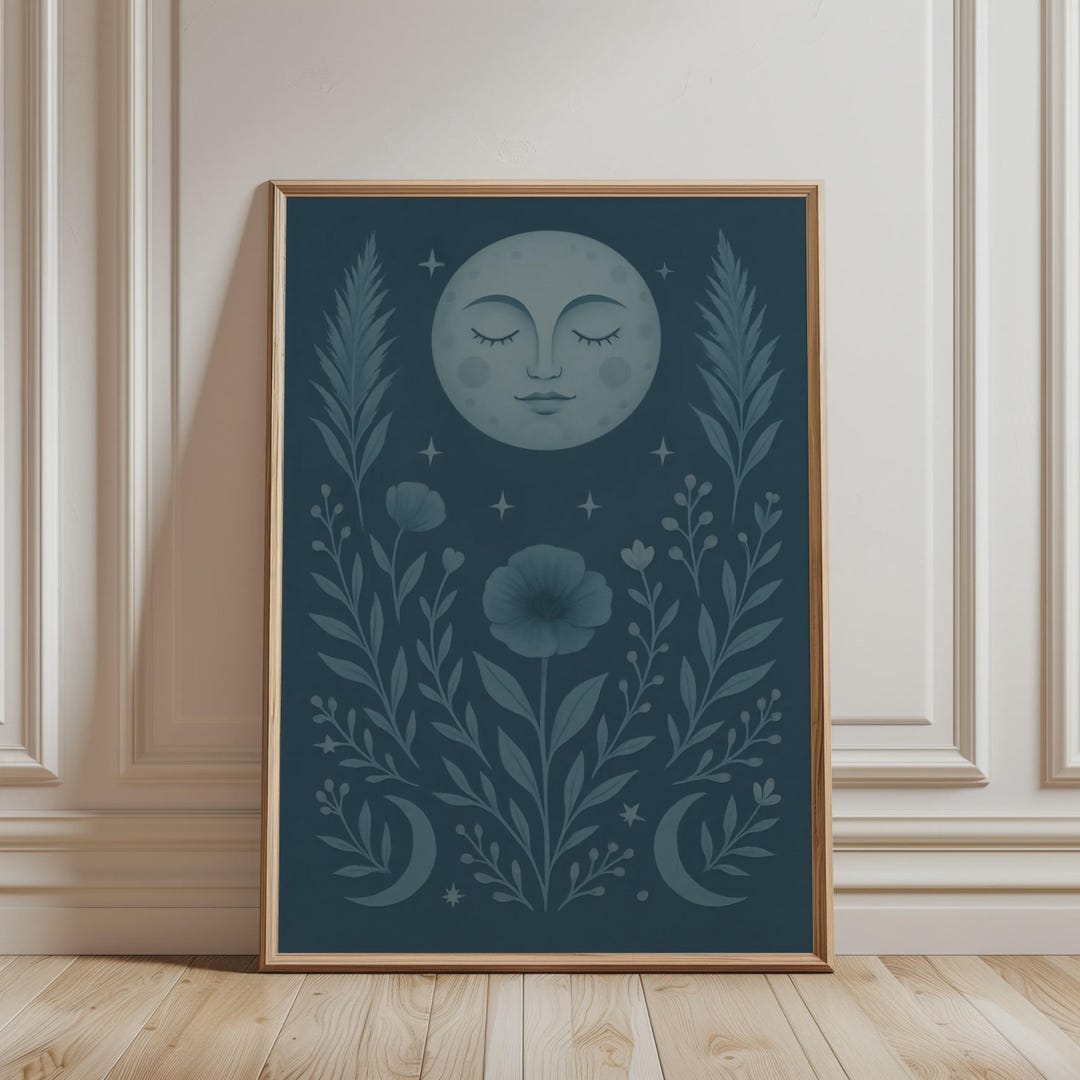 Celestial Moon Wall Art Print – Blue Botanical Night Sky Poster ...