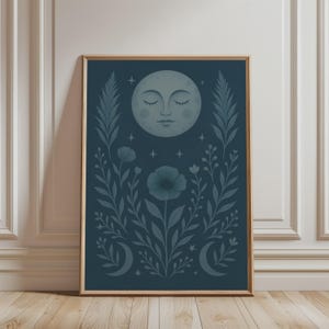 Celestial Moon Wall Art Print – Blue Botanical Night Sky Poster, Mystical Moon Face Decor, Minimalist Lunar Floral Spiritual Artwork