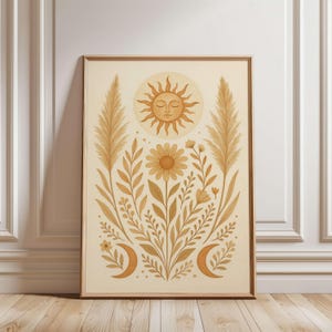 Boho Sun Printable Wall Art - Celestial Botanical Sun Print - Digital Download