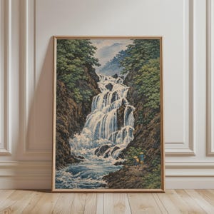 Japanese Waterfall Wall Art – Vintage Landscape Print, Zen Nature Digital Download, Hiker Scenic Mountain River Poster for Living Room Decor