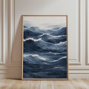 Ocean Waves Wall Art - Blue Japanese Zen Print, Calming Wabi Sabi Wall Art, Japandi Wall Decor - Digital Download