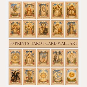 Könnte beinhalten: Eine Sammlung von 30 gerahmten Tarotkarten-Drucken. Jede Karte zeigt detaillierte Illustrationen mit floralen Rändern und römischen Ziffern. Der Text "30 PRINTS TAROT CARD WALL ART" ist darunter zu sehen.