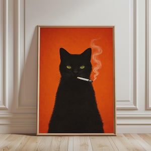 Könnte beinhalten: Gerahmter Kunstdruck mit einer schwarzen Katze mit grünen Augen, die eine Zigarette raucht. Die Katze ist vor einem leuchtend orangefarbenen Hintergrund platziert. Das Kunstwerk befindet sich in einem Holzrahmen.