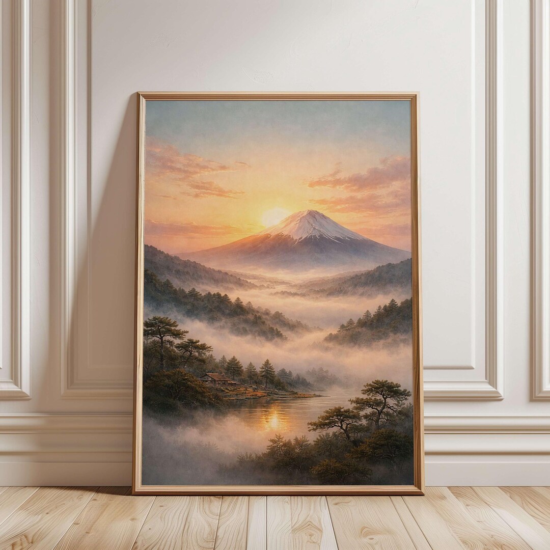 Landscape Wall Art - Mount Fuji at Sunrise Print, Foggy Mountain Art ...
