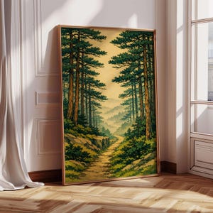 Japanese Forest Path Wall Art – Pine Tree Landscape Print for Living Room, Vintage Japandi Nature Artwork