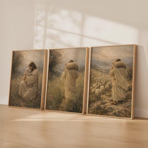 Jesus Leaves the 99 Wall Art Set of 3 – Christian Good Shepherd Story Prints for Bedroom, Biblical Sheep Artwork, Faith Wall Decor