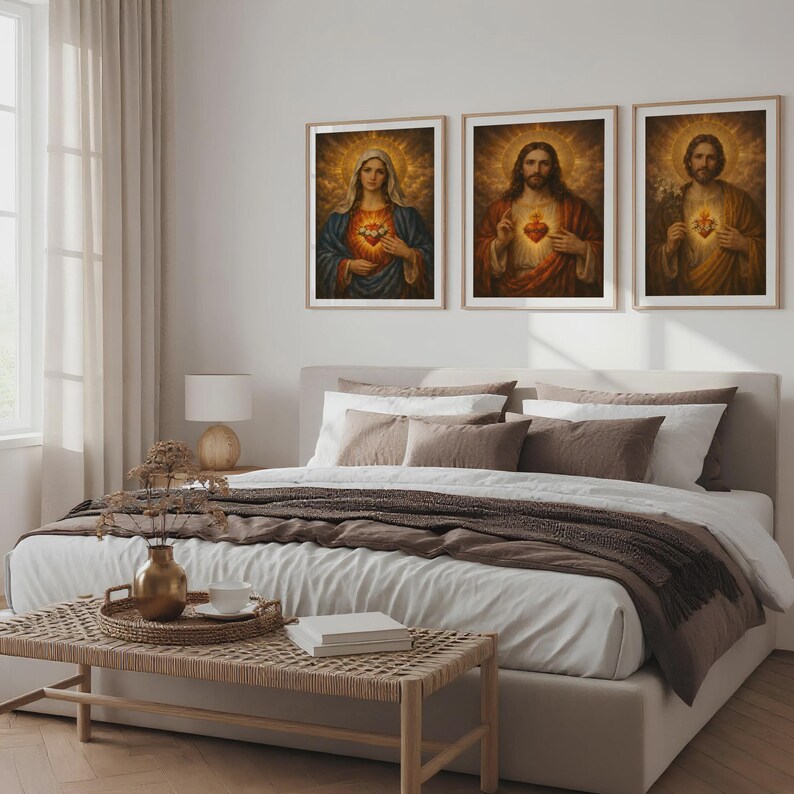 Sacred Hearts Holy Family Wall Art Set of 3 – Jesus Mary Joseph ...