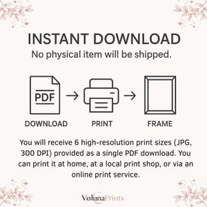 May include: An image with the text "INSTANT DOWNLOAD" and a diagram showing a PDF file being printed and framed. The text indicates that no physical item will be shipped and that the buyer will receive 6 high-resolution print sizes.