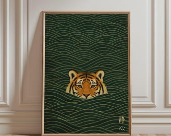 Arte de parede com tigre japonês nadando - Impressão Ukiyo-e vintage de animais, arte minimalista japonesa, decoração de parede com tigre asiático - Download digital