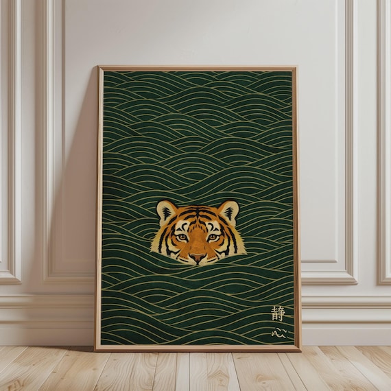 Swimming Japanese Tiger Wall Art - Vintage Ukiyo-e Animal Print, Minimalist Japandi Art, Asian Tiger Wall Decor - Digital Download