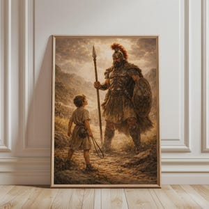 David and Goliath Wall Art - Old Testament 1 Samuel 17:45 Biblical Scene Print, Digital Christian Printable Art for Catholic Home Decor image 1