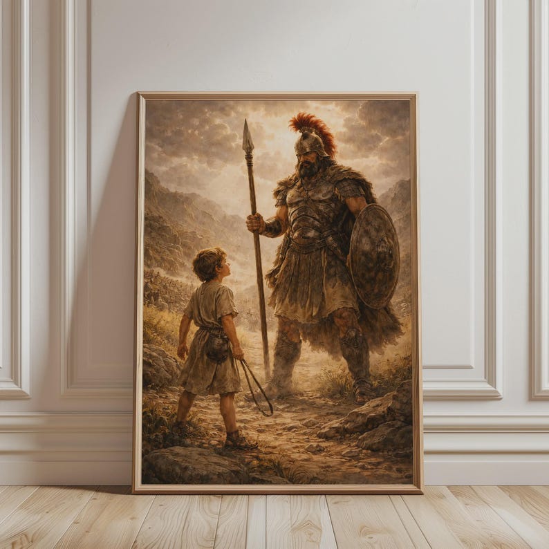 David and Goliath Wall Art - Old Testament 1 Samuel 17:45 Biblical Scene Print, Digital Christian Printable Art for Catholic Home Decor image 1
