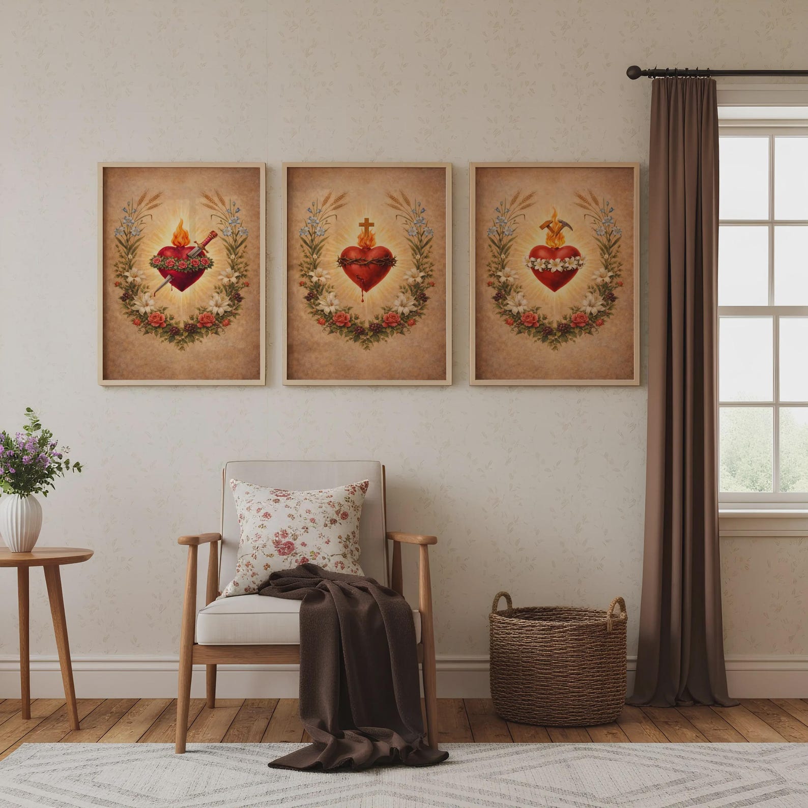 Three Hearts of the Holy Family Wall Art Set of 3 - Sacred Heart of ...