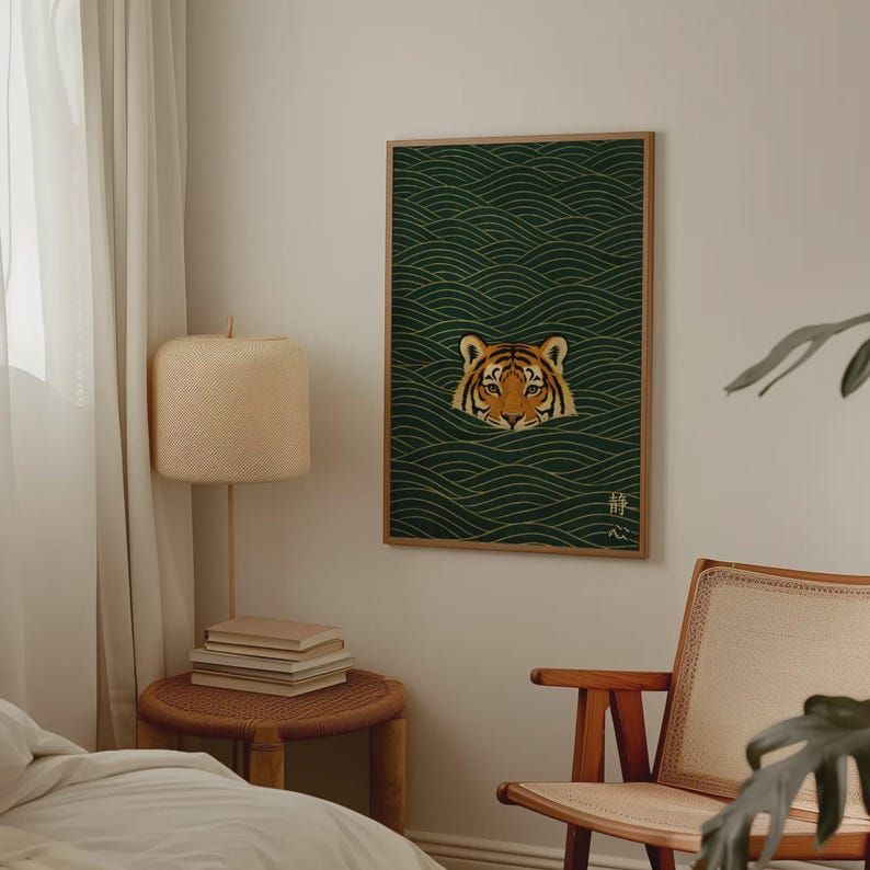 Arte de parede com tigre japonês nadando - Impressão Ukiyo-e vintage de animais, arte minimalista japonesa, decoração de parede com tigre asiático - Download digital imagem 9